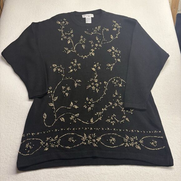 VTG 90s Victoria Jones Sweater 2xL Black Gold Beaded Floral Embellished Embroid - Picture 1 of 6
